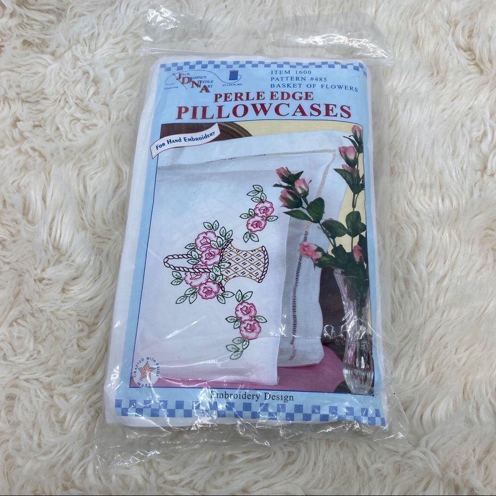 Jack Dempsey Needle Art 2 embroidery pillowcases kit craft basket of flowers 485